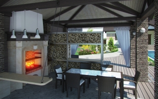 View inside a modern outdoor kitchen with roof and wood fired oven.